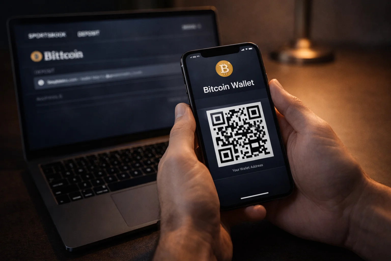 Smartphone zeigt Bitcoin-Wallet mit QR-Code neben einem Laptop mit Sportwetten-Plattform