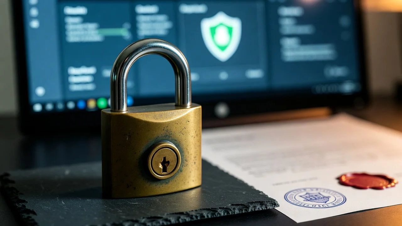 Vorhängeschloss auf einem Schreibtisch neben einem Dokument mit Lizenz-Siegel und einem Bildschirm