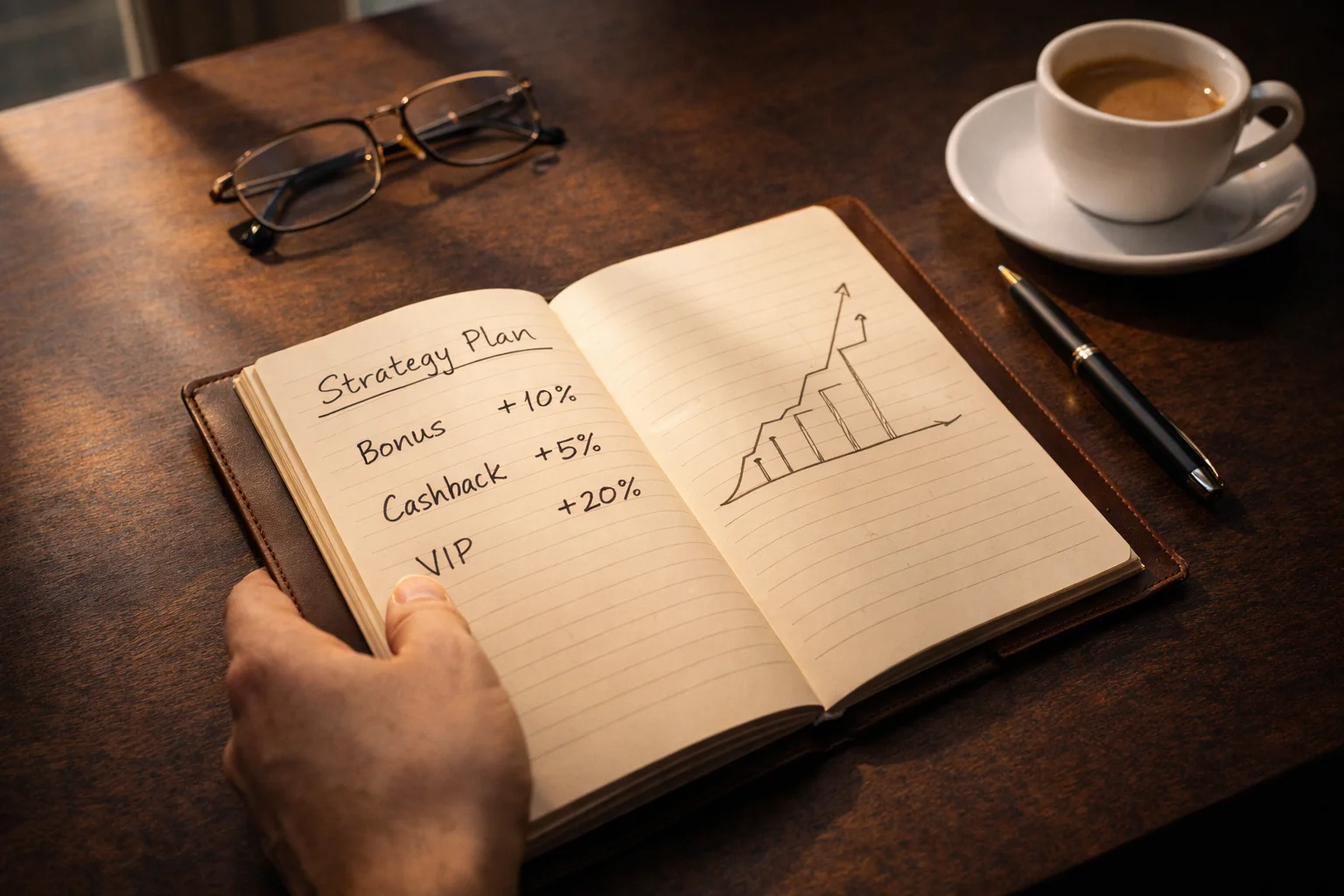 Notizbuch mit handgeschriebener Wettplanung neben einem Stift und einer Tasse Kaffee