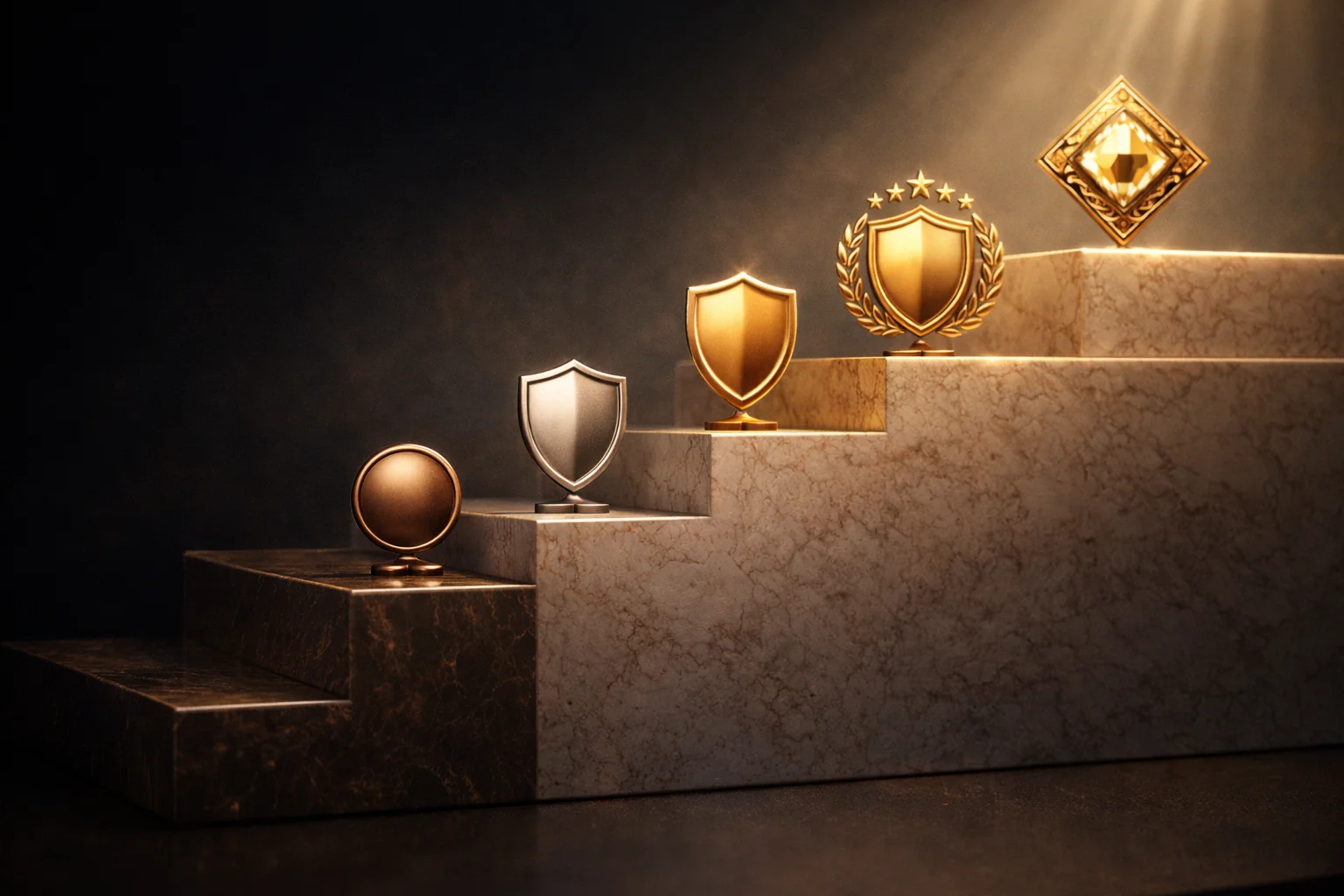 Aufsteigende Treppenstufen mit VIP-Symbolen von Bronze bis Diamond als Levelübersicht
